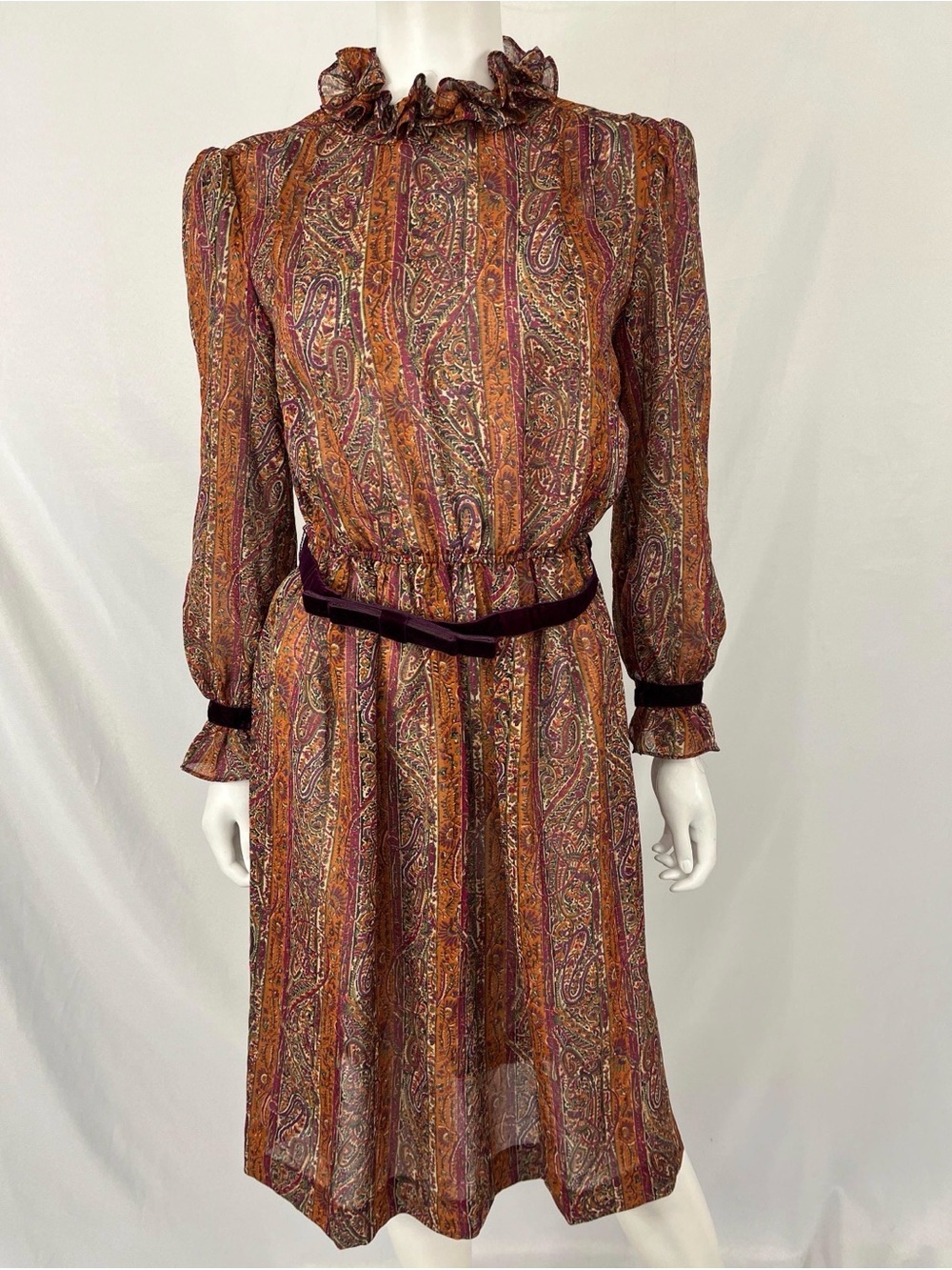 Vintage 70s/80s Leslie Fay Paisley Print Long Sleeve Sheer Dress Sz Small